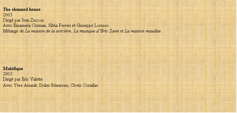 Zone de Texte: The shunned house
2003
Dirig par Ivan Zuccon
Avec Emanuela Cerman, Silvia Ferreri et Giuseppe Lorusso
Mlange de La maison de la sorcire, La musique d’Eric Zann et La maison maudite.






Malfique
2003
Dirig par Eric Valette
Avec Yves Arnault, Didier Bnureau, Clovis Cornillac
